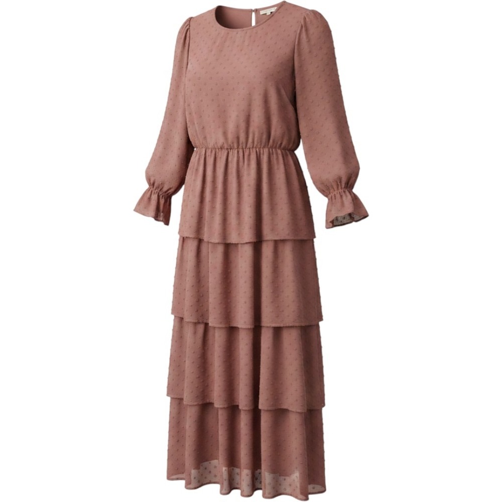 TEA N ROSE Women Swiss Dot Pink Tiered Peasant Cottage Maxi Dress NWOT Sz Large
